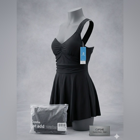 Cupshe Elegant Black One-Shoulder Dress Swimsuit - Picture 2 of 4